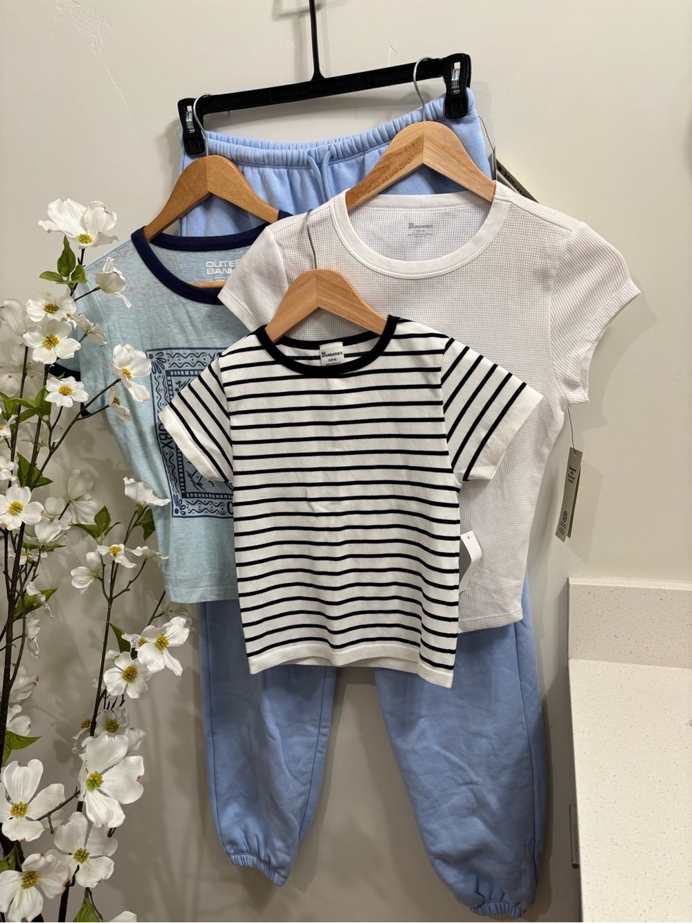 Bundle: Blue Joggers, White Crop Top, Black-White Striped Crop Top, OB Crop Top - Picture 1 of 11